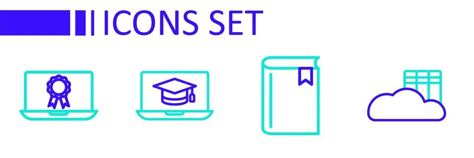 Set line Cloud or online library Book Graduation cap laptop and Online educat Stock Illustration