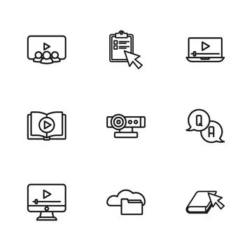Set line Cloud or online library, Question and Answer, Online book, Web cam.. Illustrazione stock