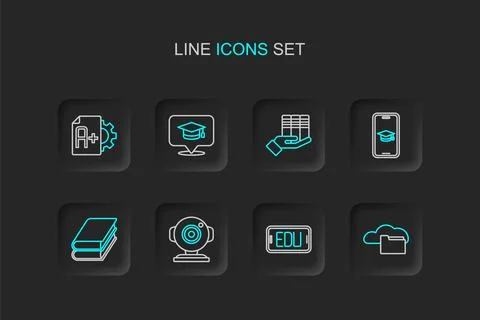 Set line Cloud or online library Online education Web camera Book Graduation  Stock Illustration