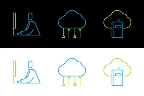 Set line Cloud or online library, Student working at laptop and Network clo.. Stock-Illustration