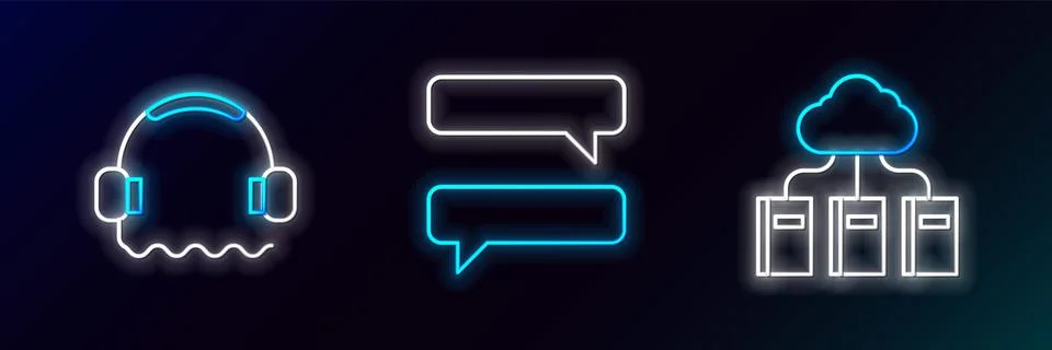 Set line Cloud or online library, Headphones and Speech bubble chat icon. G.. 스톡 일러스트
