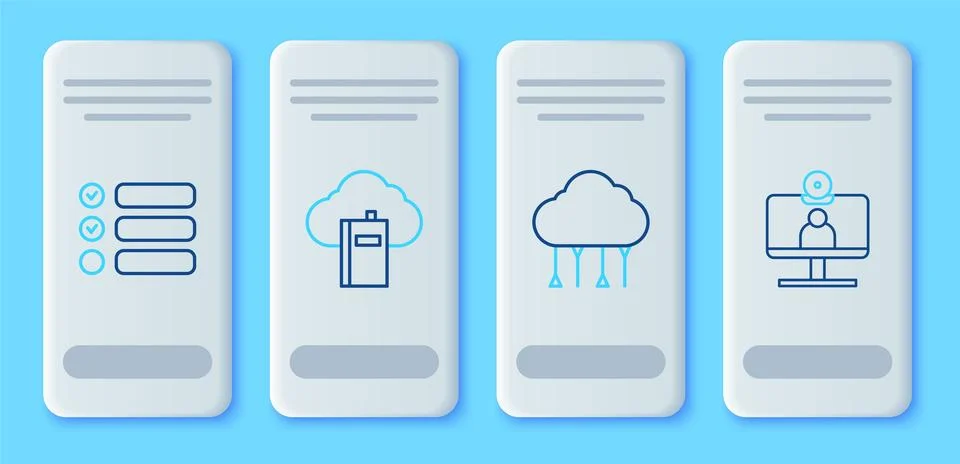 Set line Cloud or online library, Network cloud connection, Task list and V.. Illustrazione stock
