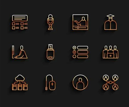 Set line Cloud or online library, Computer mouse, Online quiz, test, survey.. Stock Illustration