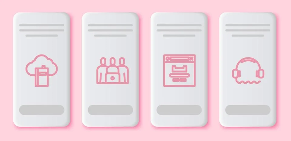 Set line Cloud or online library, Online class, Browser window and Headphones Stock Illustration