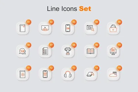 Set line Cloud or online library, Online book, Headphones, quiz, test, surv.. Illustrazione stock