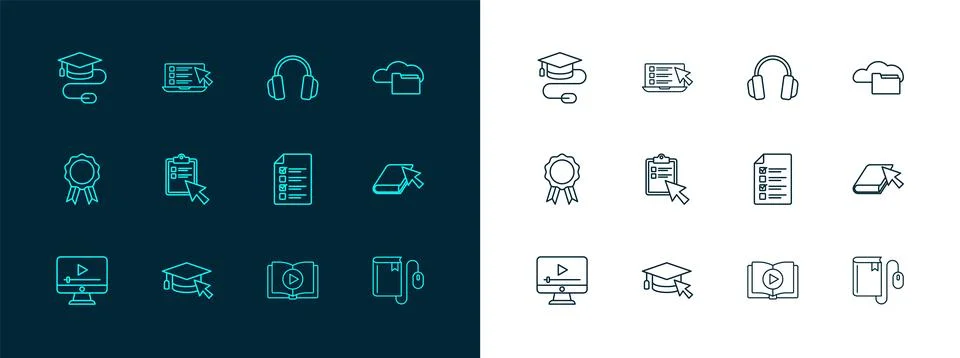 Set line Cloud or online library, Graduation cap with cursor, Online quiz, .. イラスト素材
