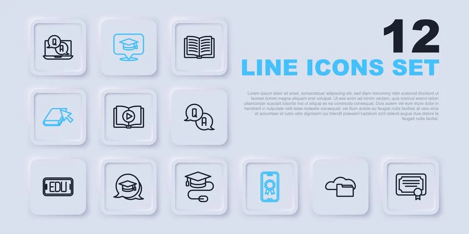 Set line Cloud or online library, Certificate template, Audio book, Online .. Stock Illustration