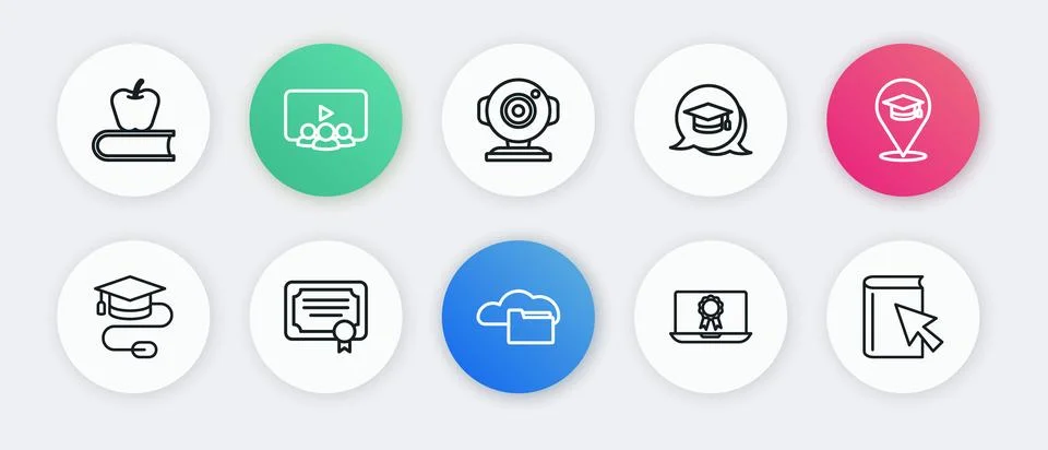 Set line Cloud or online library, Online education, Graduation cap with mou.. Stock Illustration