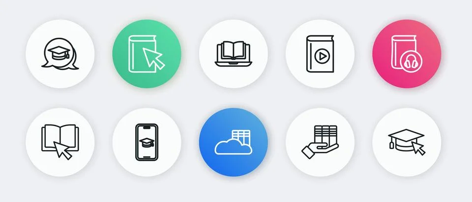 Set line Cloud or online library, Audio book, Online, Book donation, class,.. 스톡 일러스트