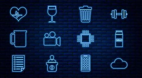 Set line Cloud, Paper package for milk, Trash can, Movie Video camera, Coffee Stock Illustration