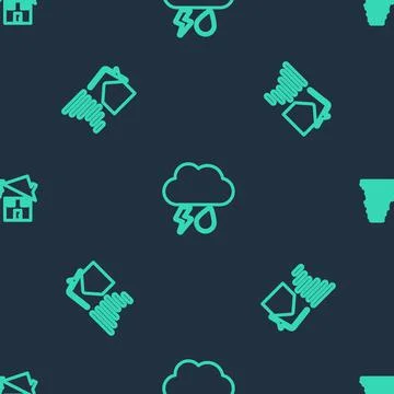 Set line Cloud with rain and lightning, Tornado swirl and on seamless pattern Stock Illustration
