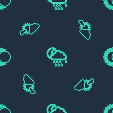 Set line Cloud with rain and moon, Sun cloud weather and Eclipse of sun on Ilustração Stock