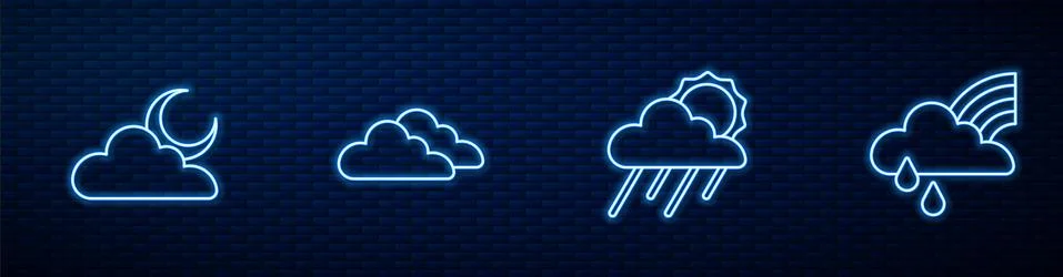 Set line Cloud with rain and sun, moon, and Rainbow cloud. Glowing neon icon on Stock Illustration