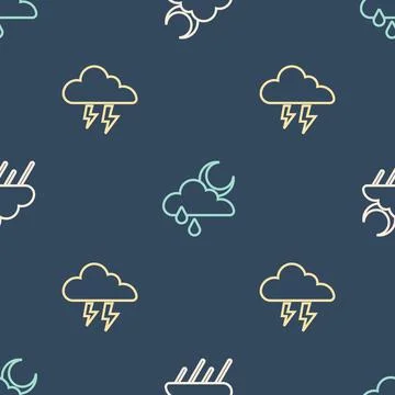Set line Cloud with rain and moon, Storm and on seamless pattern. Vector 스톡 일러스트