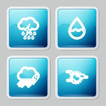 Set line Cloud with rain and lightning, Water drop, and Fog sun icon. Vector Stock Illustration