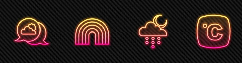 Set line Cloud with rain and moon, Location cloud, Rainbow and Celsius. Glowing Illustrazione stock