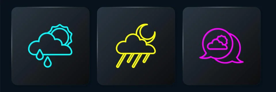Set line Cloud with rain and sun, Location cloud and moon. Black square button Stock Illustration