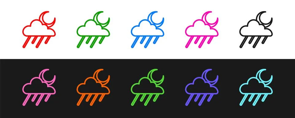Set line Cloud with rain and moon icon isolated on black and white background Ilustração Stock