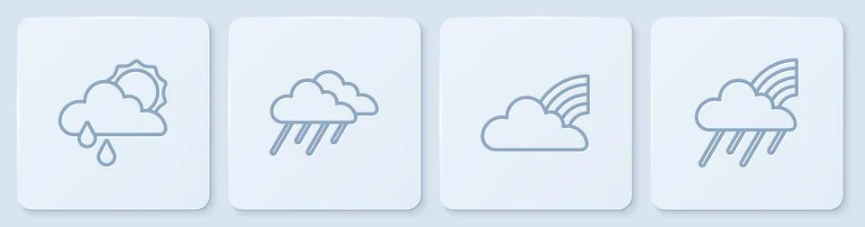 Set line Cloud with rain and sun, Rainbow clouds, and . White square button Stock Illustration