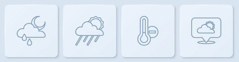 Set line Cloud with rain and moon, Meteorology thermometer, sun and Location Illustrazione stock