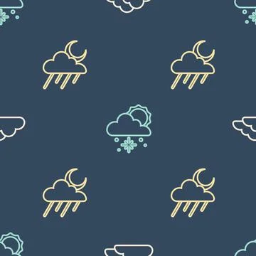 Set line Cloud, with rain and moon and snow sun on seamless pattern. Vector Stock Illustration