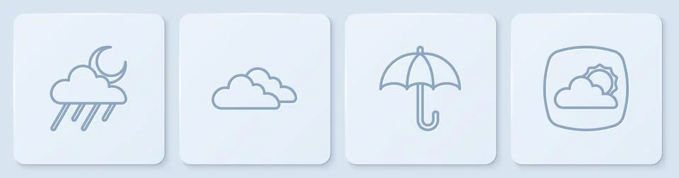 Set line Cloud with rain and moon, Umbrella, and Weather forecast. White square Stock Illustration