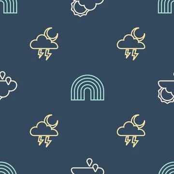 Set line Cloud with rain and sun, Storm and Rainbow on seamless pattern. Vector Stock Illustration