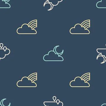 Set line Cloud with rain and moon, Rainbow clouds and on seamless pattern Stock Illustration