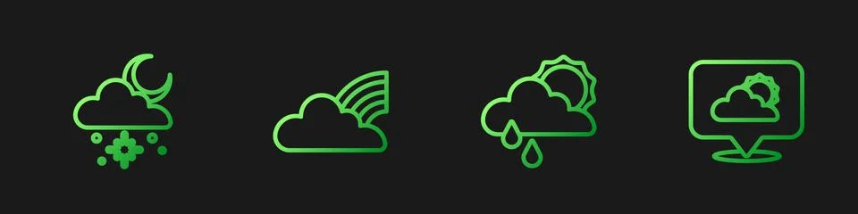 Set line Cloud with rain and sun, snow, Rainbow clouds and Location. Gradient Stock Illustration