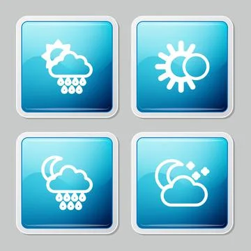 Set line Cloud with rain and sun, Eclipse of the, moon and stars icon. Vector Ilustração Stock