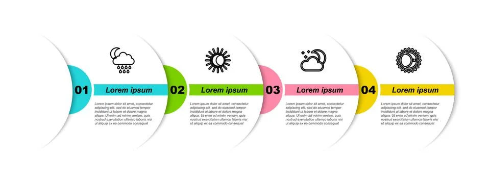 Set line Cloud with rain and moon, Eclipse of the sun, stars and . Business Ilustração Stock