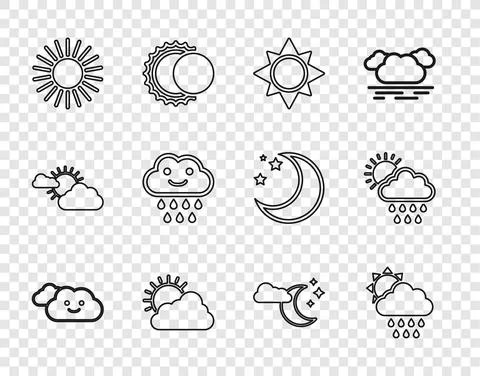 Set line Cloud, with rain and sun, Sun, cloud weather, moon stars and icon Stock Illustration