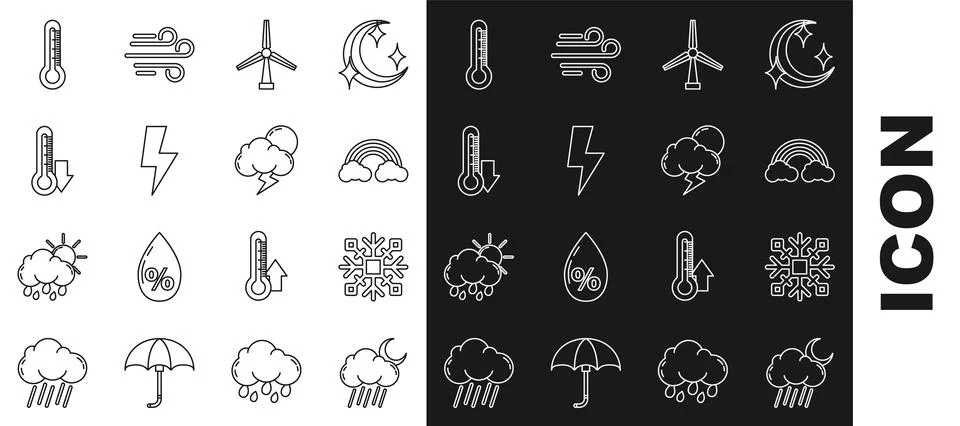Set line Cloud with rain and moon, Snowflake, Rainbow clouds, Wind turbine Ilustração Stock