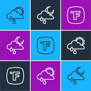 Set line Cloud with rain and sun, Fahrenheit and moon icon. Vector Illustrazione stock