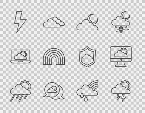 Set line Cloud with rain and sun, Storm, moon, Location cloud, Lightning bolt 스톡 일러스트