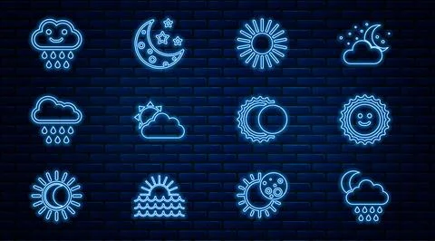 Set line Cloud with rain and moon, Sun, cloud weather, Eclipse of sun and Moon Ilustração Stock
