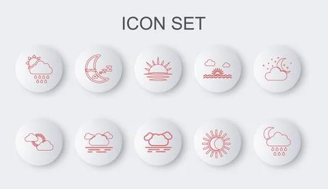 Set line Cloud with rain and moon, Sun cloud weather, Sunset, Eclipse of sun Ilustração Stock