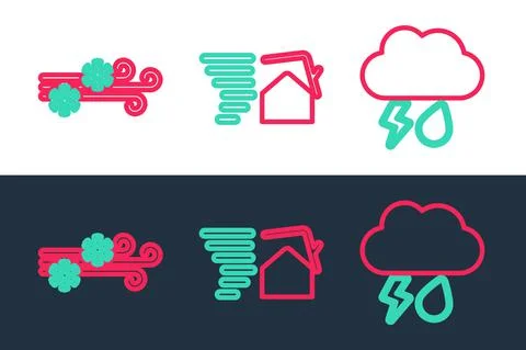 Set line Cloud with rain and lightning, Wind snow and Tornado swirl icon. Vector Illustrazione stock