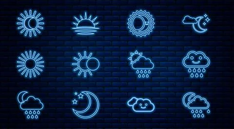Set line Cloud with rain and moon, Eclipse of the sun, Sun, and Sunset icon 스톡 일러스트