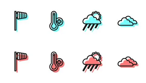 Set line Cloud with rain and sun, Cone windsock wind vane, Meteorology Stock Illustration