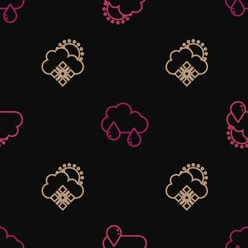 Set line Cloud with rain and sun, snow and on seamless pattern. Vector Stock Illustration