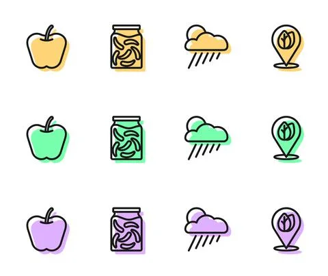 Set line Cloud with rain and sun, Apple, Pickled cucumbers jar and Location leaf Stock Illustration