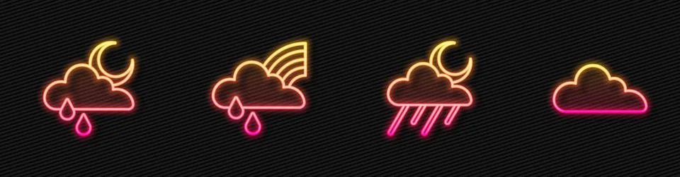 Set line Cloud with rain and moon, , Rainbow cloud and . Glowing neon icon Stock Illustration