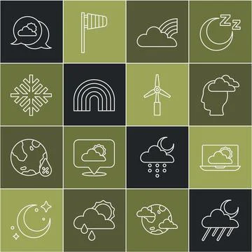 Set line Cloud with rain and moon, Weather forecast, Man having headache イラスト素材