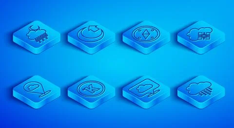 Set line Cloud with rain and moon, Moon, Compass, Kelvin, Location cloud, snow Illustrazione stock