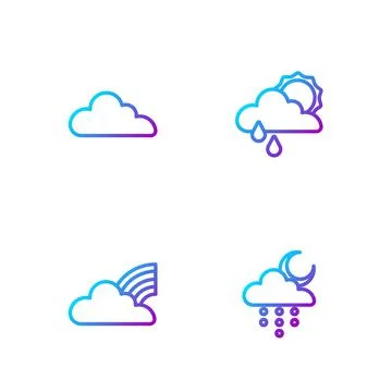 Set line Cloud with rain and moon, Rainbow clouds, and sun. Gradient color icons Stock Illustration