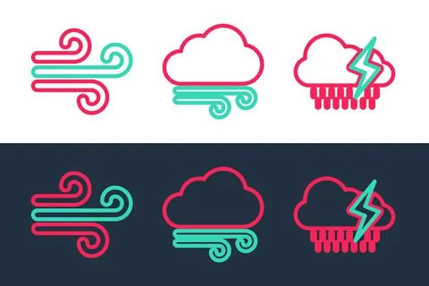 Set line Cloud with rain and lightning, Wind and Windy weather icon. Vector Stock Illustration