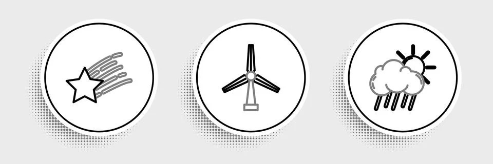 Set line Cloud with rain and sun, Falling star and Wind turbine icon. Vector Illustration