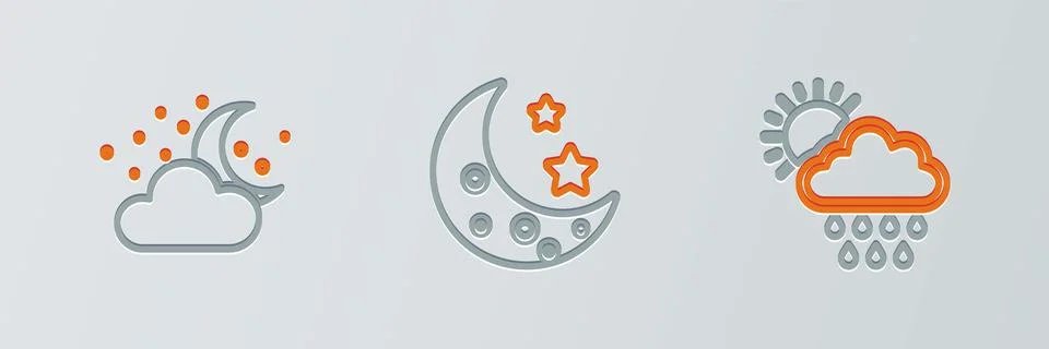 Set line Cloud with rain and sun, moon stars and Moon icon. Vector Stock Illustration