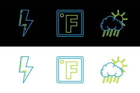 Set line Cloud with rain and sun, Lightning bolt and Fahrenheit icon. Vector Illustrazione stock
